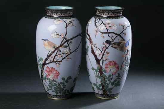 Appraisal: PAIR JAPANESE CLOISONN ENAMEL OVOID VASES Meiji period Bird and