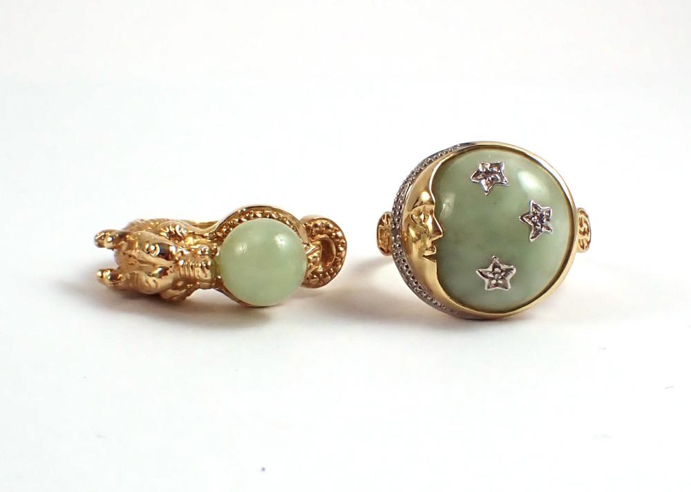 Appraisal: TWO CHINESE JADE AND FOURTEEN KARAT GOLD RINGS including a