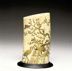 Appraisal: JAPANESE IVORY BRUSHPOT Antique Japanese Shibayama inlaid and lacquered ivory