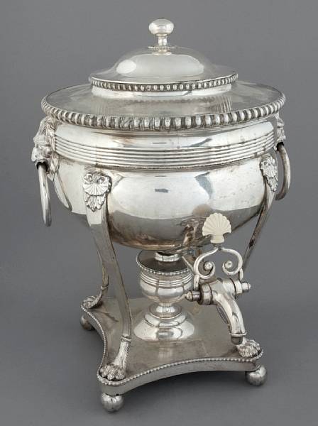 Appraisal: A Sheffield plate hot water urn The urn resting on