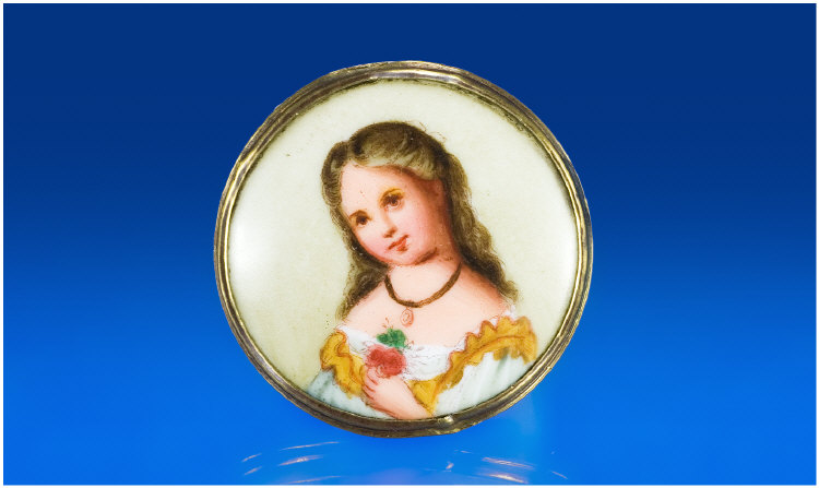 Appraisal: Painted Circular Ceramic Miniature Showing A Young Girl Holding Flowers