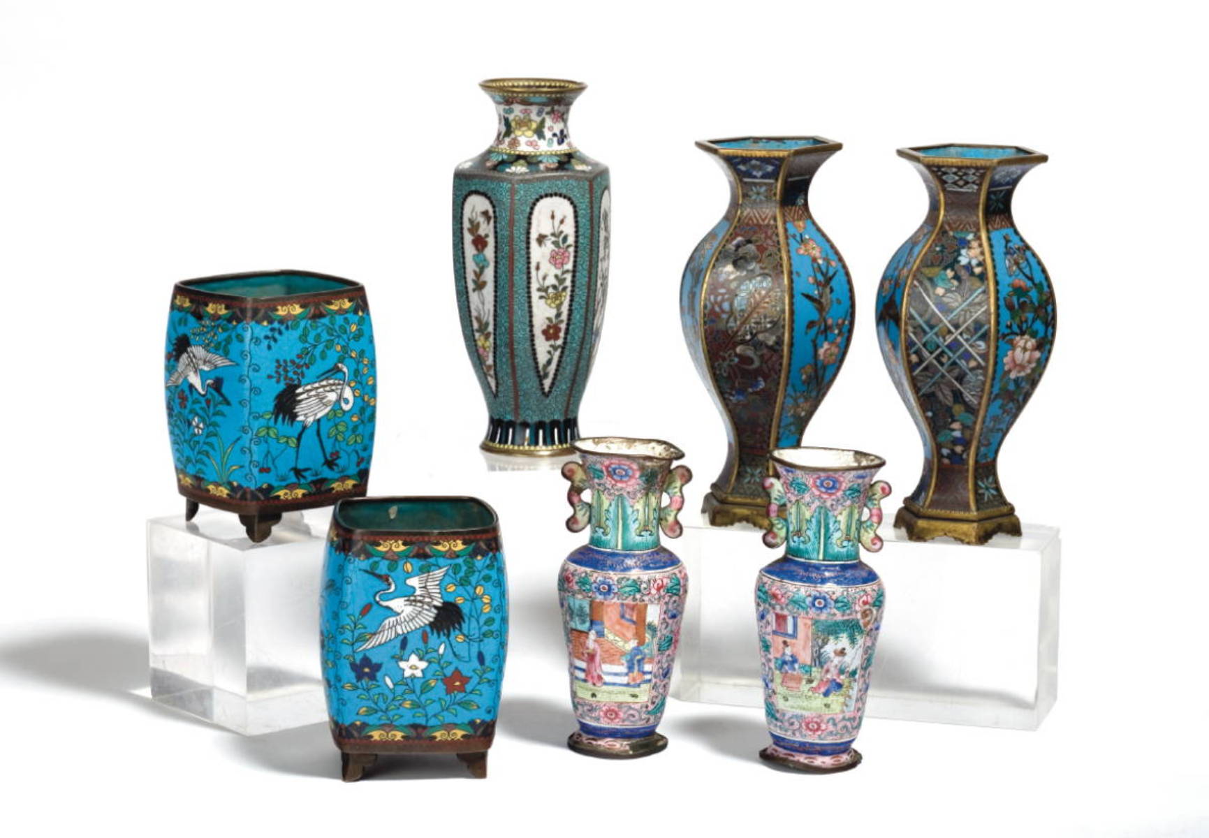 Appraisal: THREE PAIR OF SMALL CLOISONNE VASES ONE WITH CHARACTER MARK