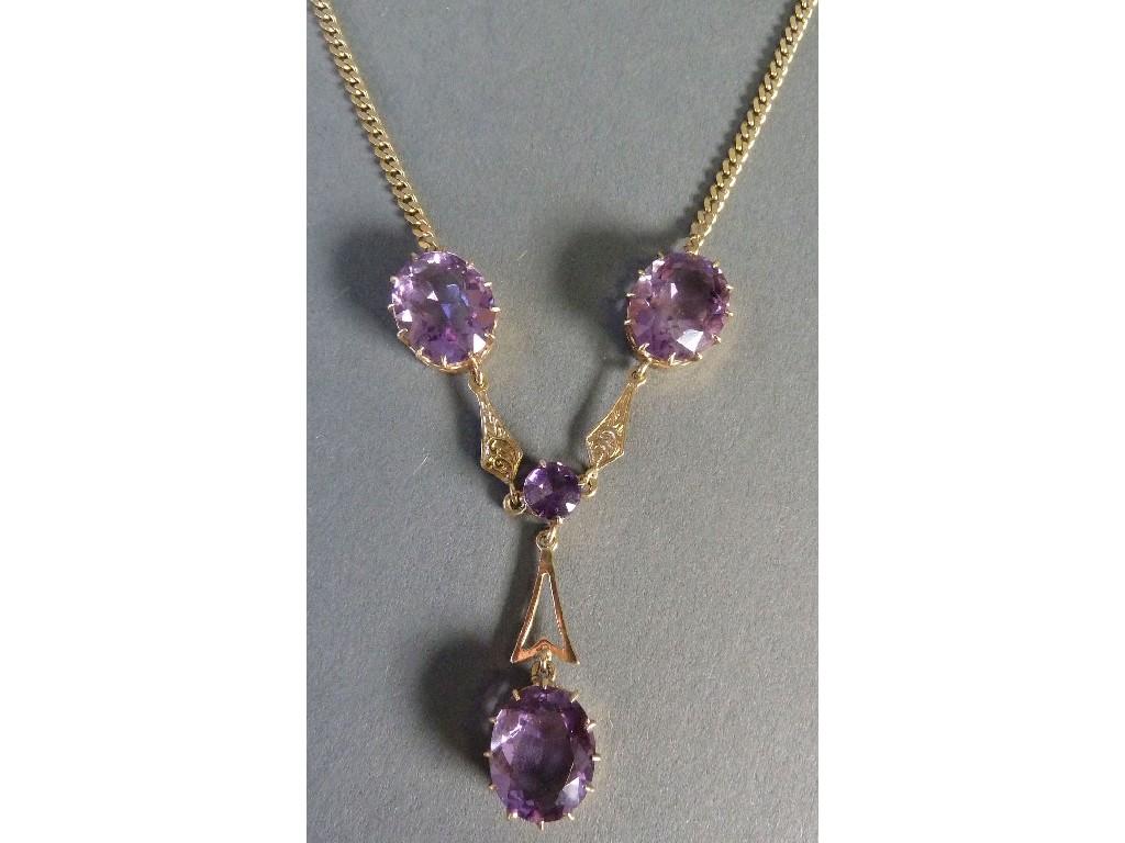 Appraisal: ct GOLD NECKLACE SUSPENDING THREE CLAW SET AMETHYSTS EST -