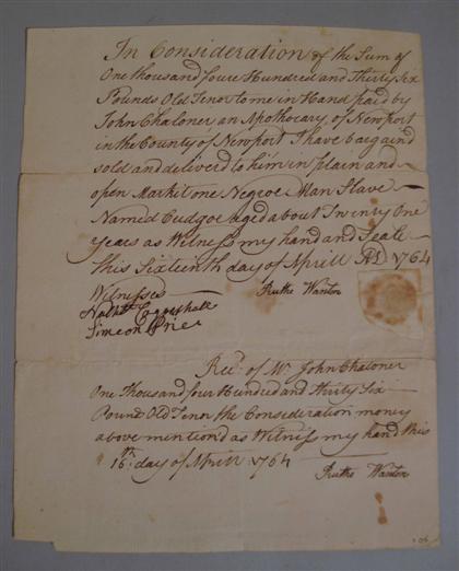 Appraisal: piece Manuscript Bill of Sale - Negro Man Slave Newport