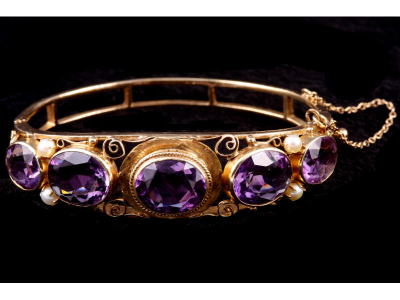 Appraisal: Vintage k Yellow Gold Amethyst Pearl Bracelet hinged bangle bracelet