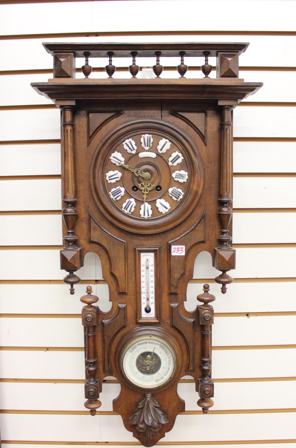 Appraisal: WALNUT CASED WALL CLOCK BAROMETER THERMOMETER L'Aiglon trademark Picard Cie