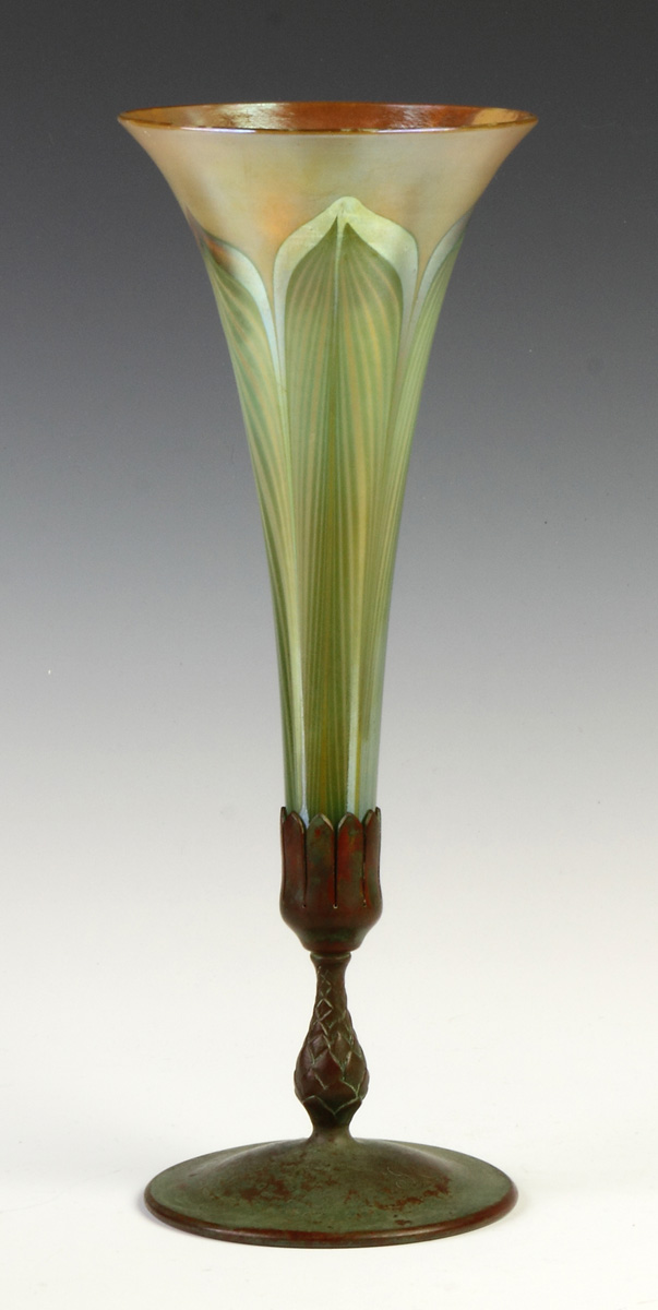 Appraisal: Tiffany Pulled Feather Vase Base inscribed LCT Patinaed bronze base