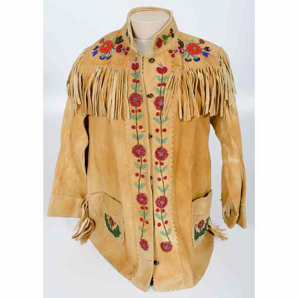 Appraisal: Cree Beaded Hide Jacket thread-sewn and beaded using colors of