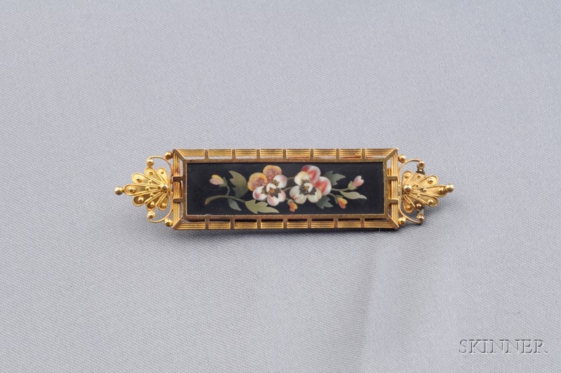 Appraisal: Antique kt Gold and Pietra Dura Brooch depicting pansies in