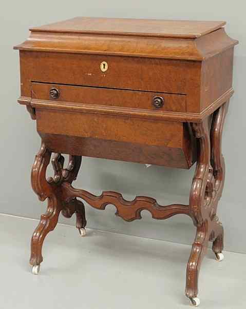 Appraisal: Victorian burlwood sewing table with a lift lid and single