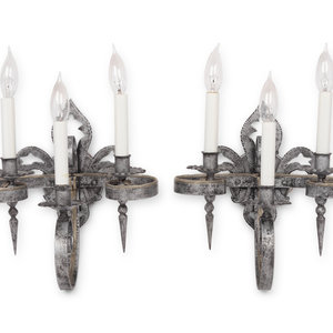 Appraisal: A Pair of Silvered Wrought Iron Three-Light Sconces Modern wired