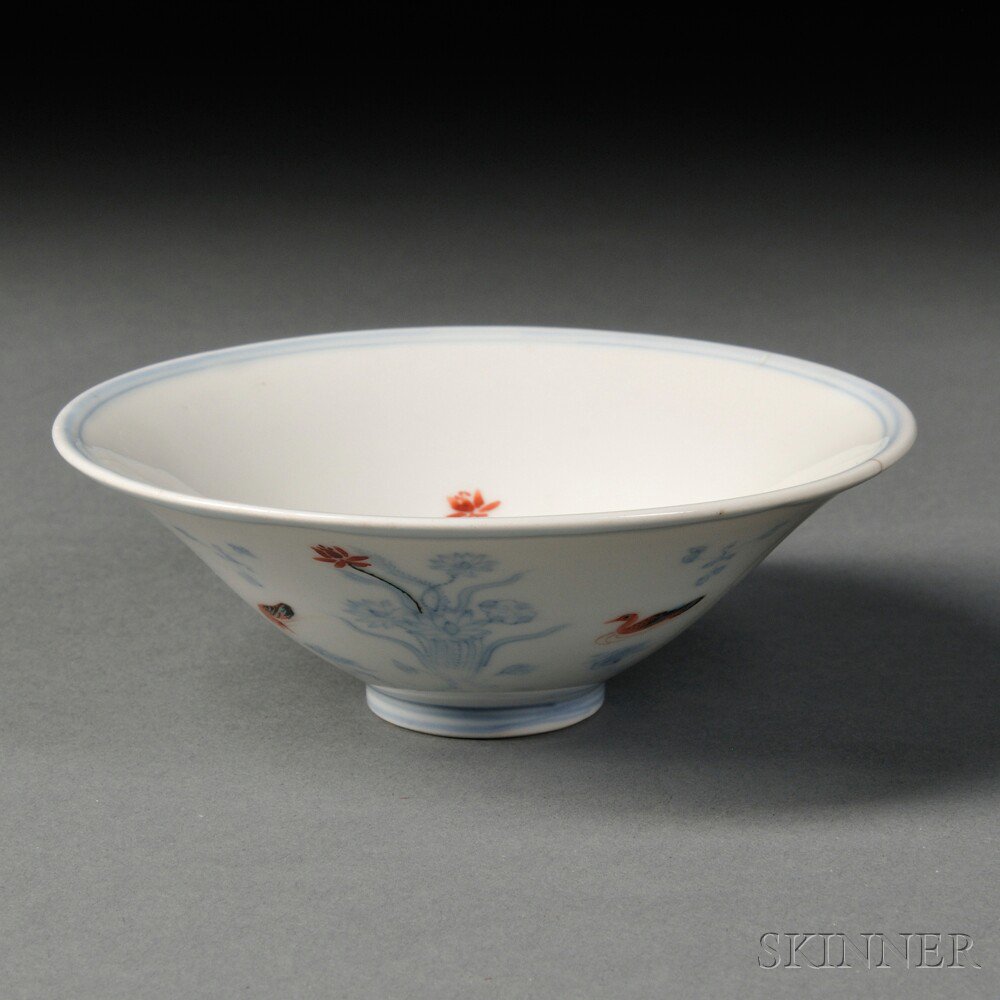 Appraisal: Doucai Enameled Cup China conical with slightly rounded bottom and