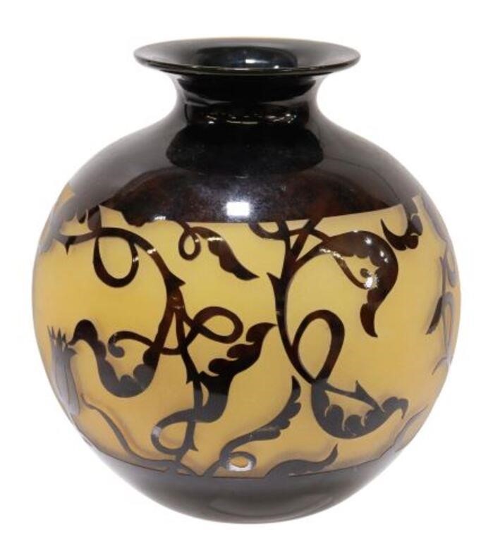 Appraisal: Hand-blown and etched art glass vase signed G Santana Gustavo