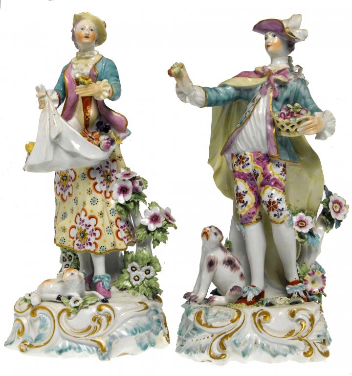 Appraisal: A PAIR OF DERBY FIGURES OF DRESDEN SHEPHERDS the gallant