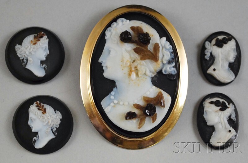 Appraisal: Five Banded Agate Carved Cameo Jewelry Items a kt gold-framed