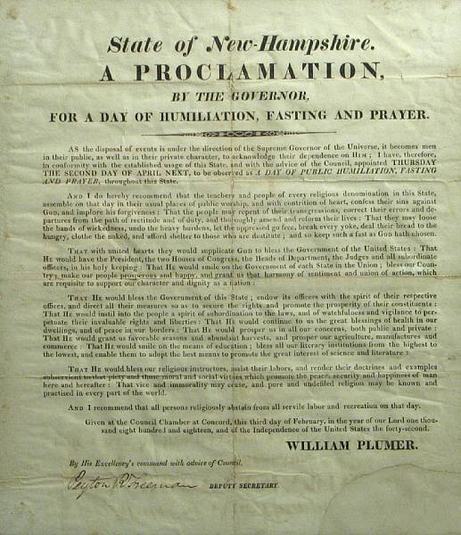 Appraisal: NEW HAMPSHIRE THANKSGIVING PROCLAMATION Printed broadside State of New Hampshire