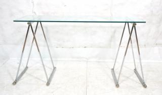 Appraisal: Glass Top Console Desk table with Pair Chrome A Frame