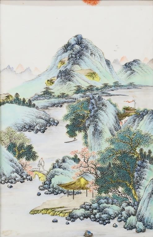 Appraisal: HAND PAINTED CHINESE PORCELAIN PLAQUE LANDSCAPEHand painted Chinese porcelain plaque