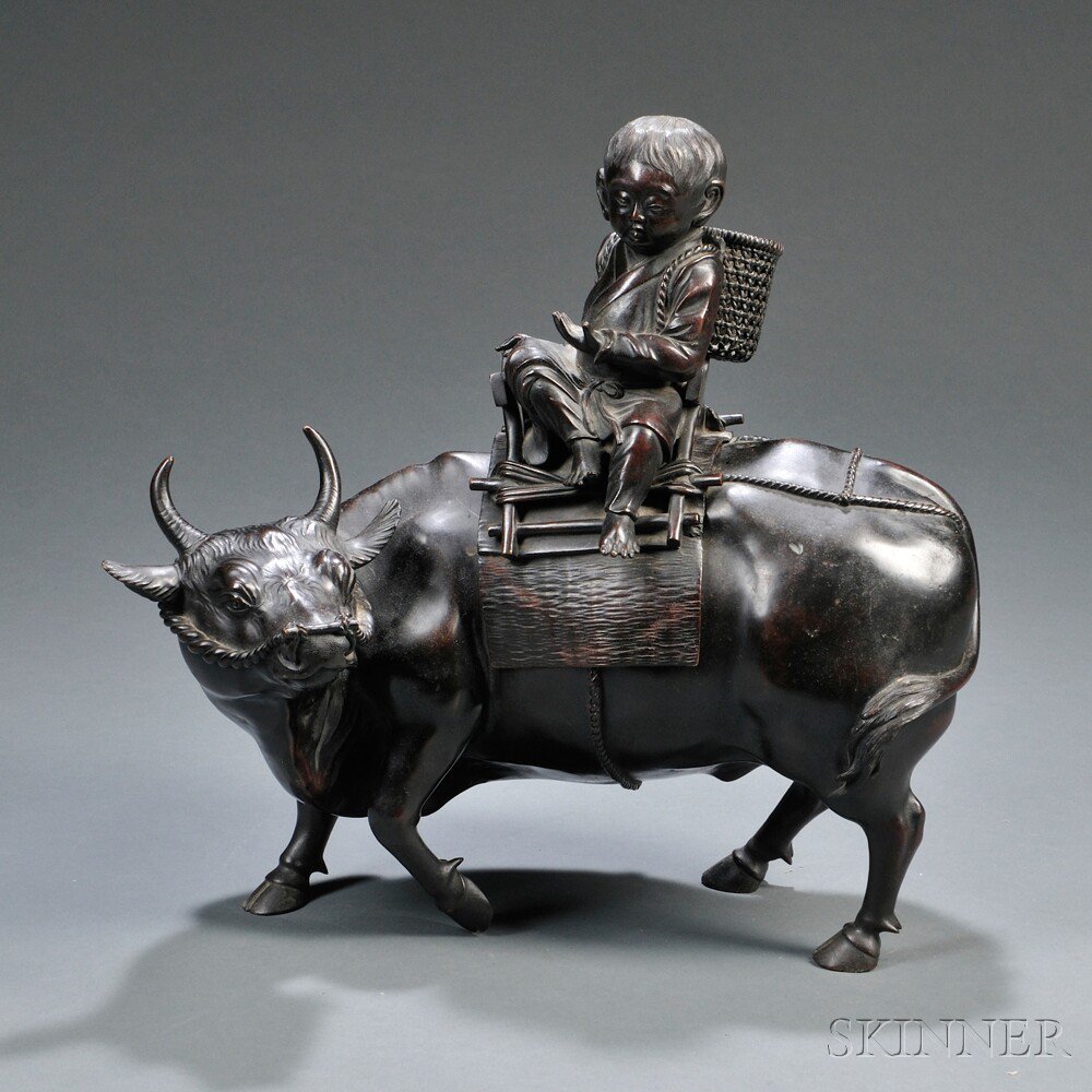 Appraisal: Bronze Figure of a Boy on a Water Buffalo Japan