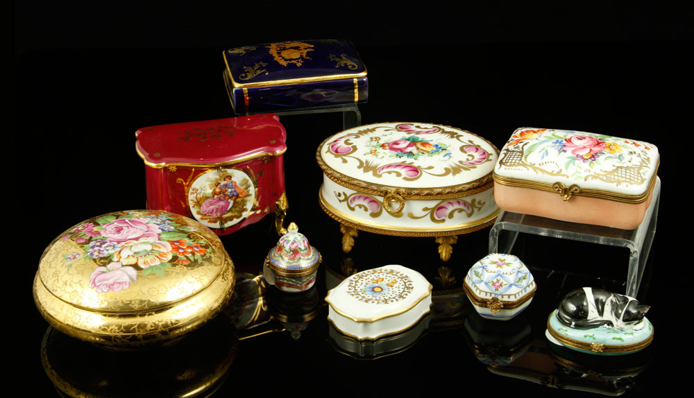 Appraisal: - Limoges Trinket and Boudoir Boxes Lot of nine Limoges