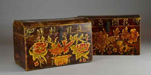 Appraisal: Chinese Wooden ChestsVarnished wooden chests with iron locks each having