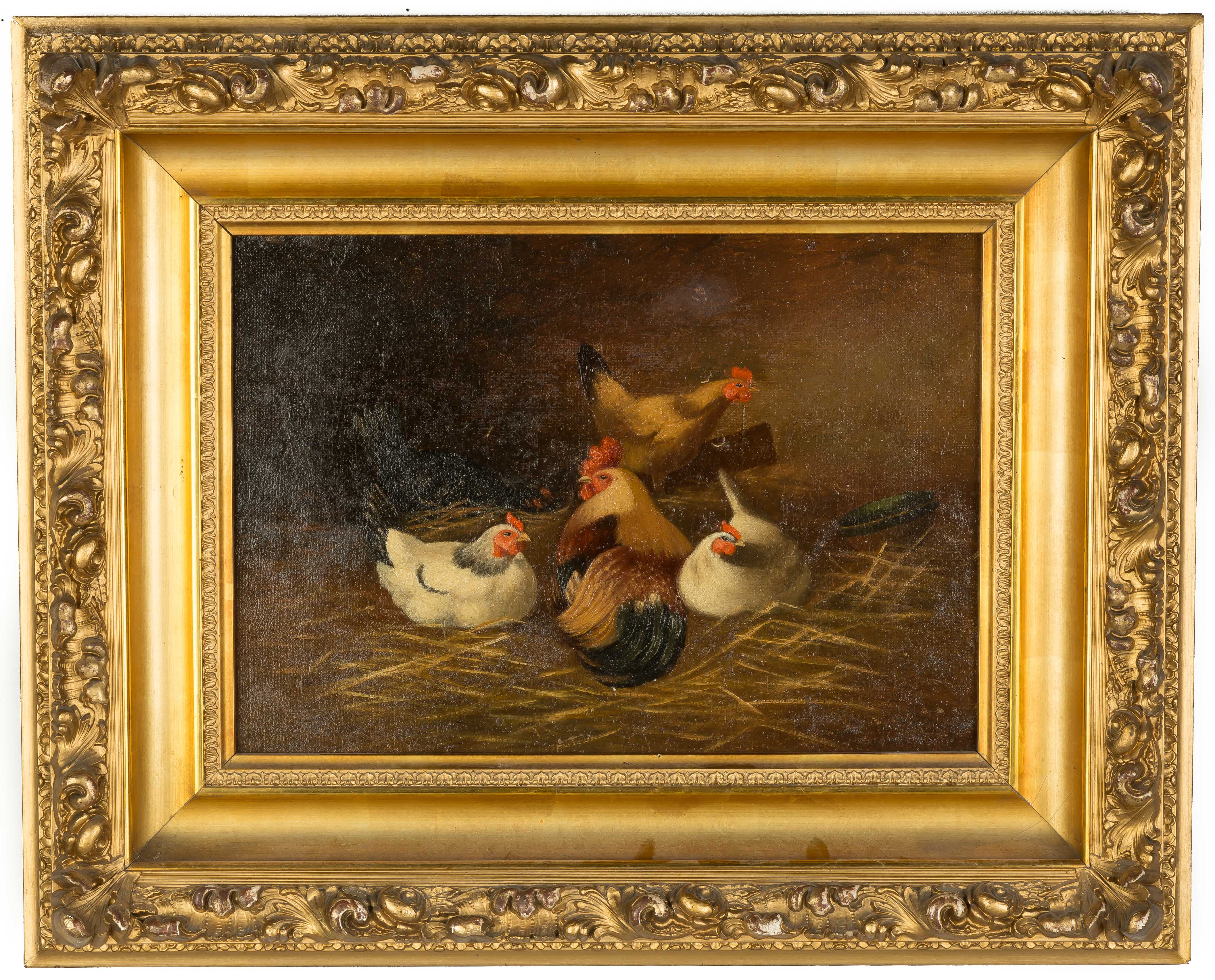 Appraisal: Painting of Rooster and Chickens Late th Century Oil on