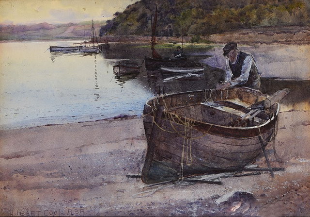 Appraisal: Hubert Coop British - Man mending his boat on a