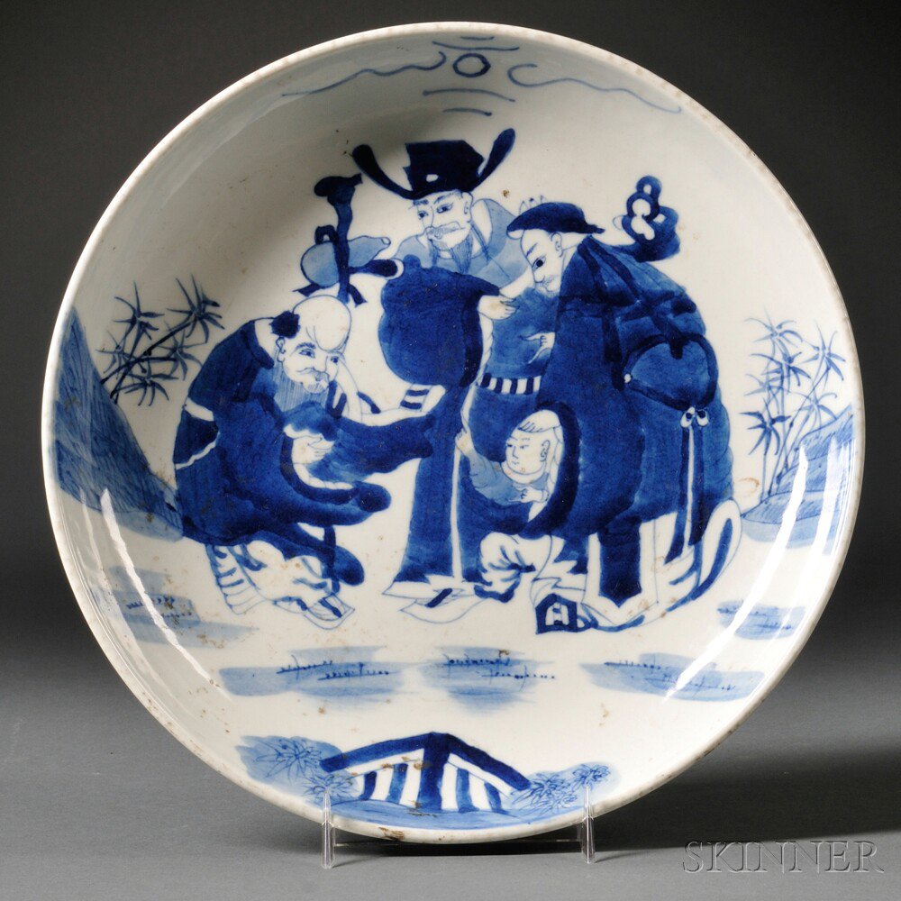 Appraisal: Blue and White Plate China th century depicting three Immortals