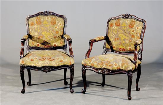 Appraisal: Pair Louis XV style fruitwood and tapestry armchairs late th