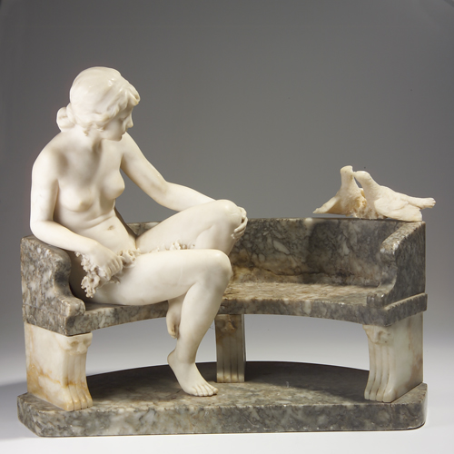 Appraisal: Scultpure Gray marble and alabaster with nude on bench admiring