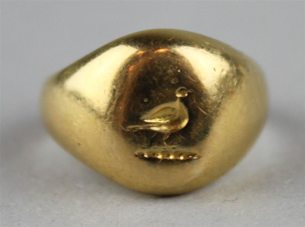 Appraisal: ENGLISH GOLD SIGNET RING of simple rounded form engraved with