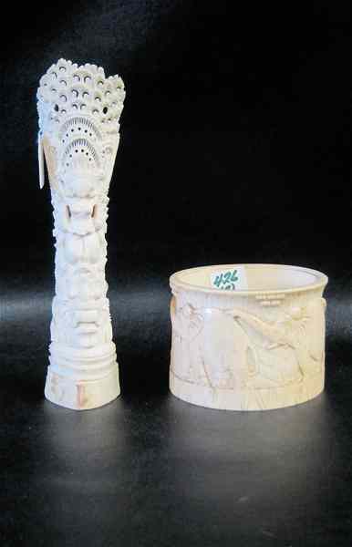 Appraisal: AN AFRICAN IVORY CARVED BOWL AND ASIAN BONE CARVED FIGURE