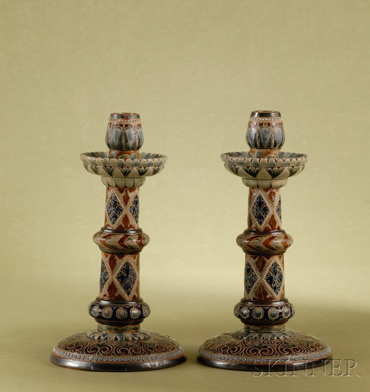 Appraisal: Pair of Large Doulton Lambeth Salt-glaze Candlesticks dated by Alice