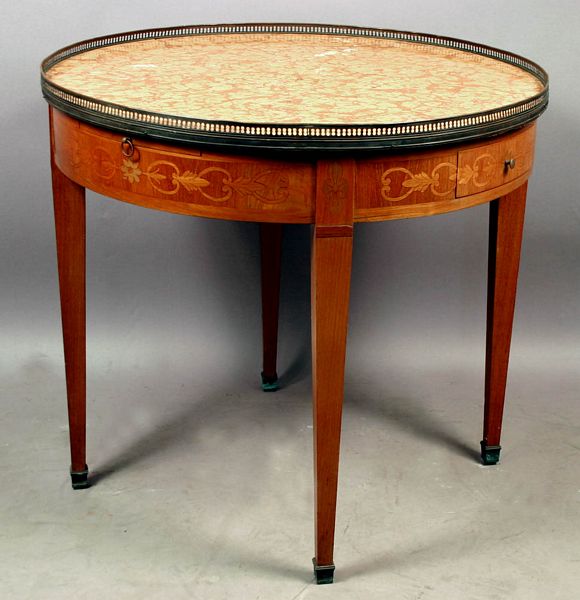 Appraisal: th Century marquetry inlay table with marble top and brass