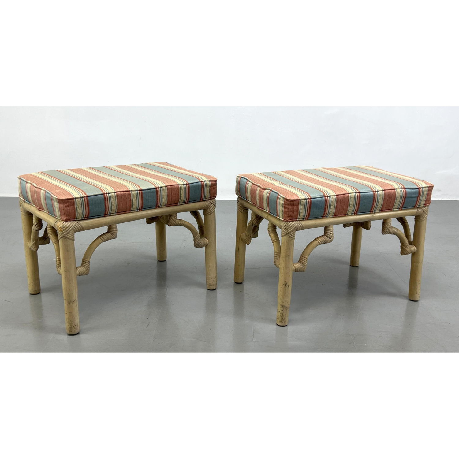 Appraisal: Pr Asian style Bamboo Stools Benches MCGUIRE Style Striped Upholstery