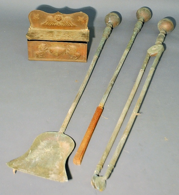 Appraisal: - Set of massive brass fireplace tools to incl tongs