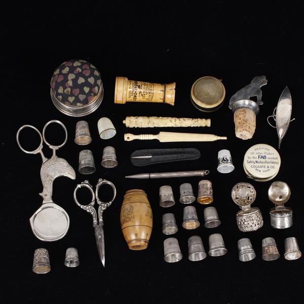 Appraisal: Lot of sewing items - sterling silver thimbles needles and