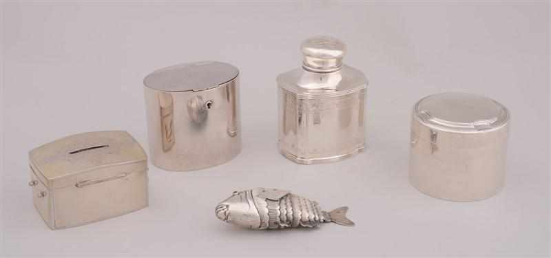 Appraisal: GROUP OF FOUR SILVER BOXES AND AN ARTICULATED FISH Comprising