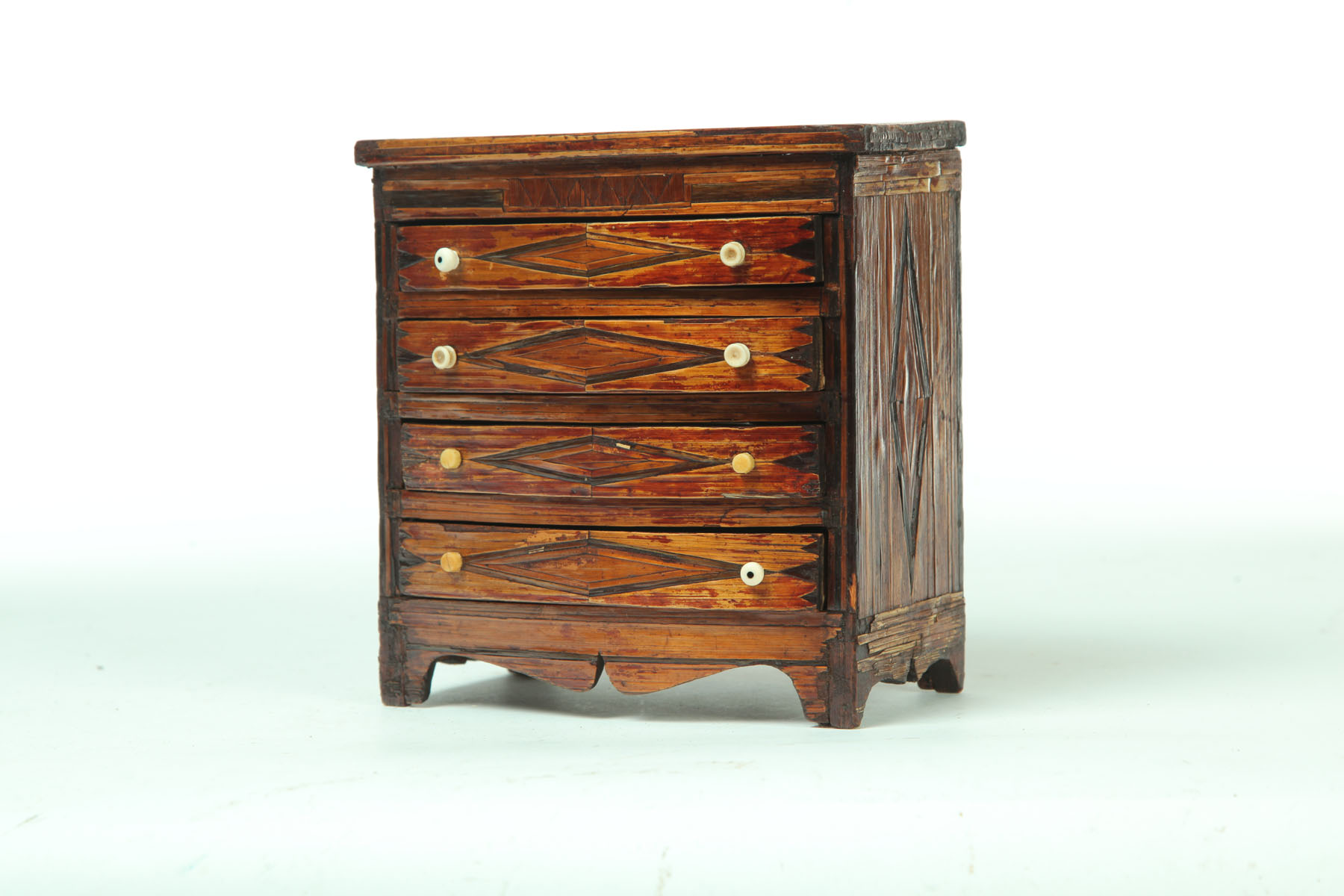 Appraisal: MINIATURE STRAW WORK CHEST OF DRAWERS Attributed to Pennsylvania early