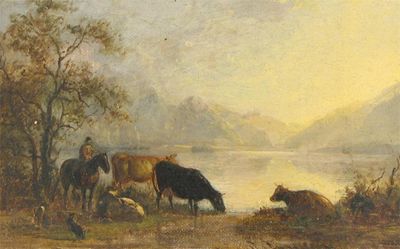 Appraisal: English School th Century Cattle by a lake Oil on