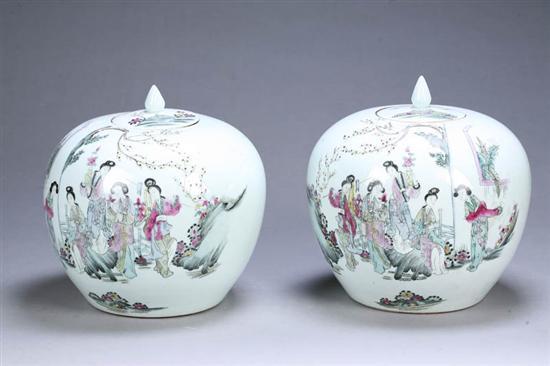 Appraisal: PAIR OF GINGER JARS China th century porcelain Celadon tinted