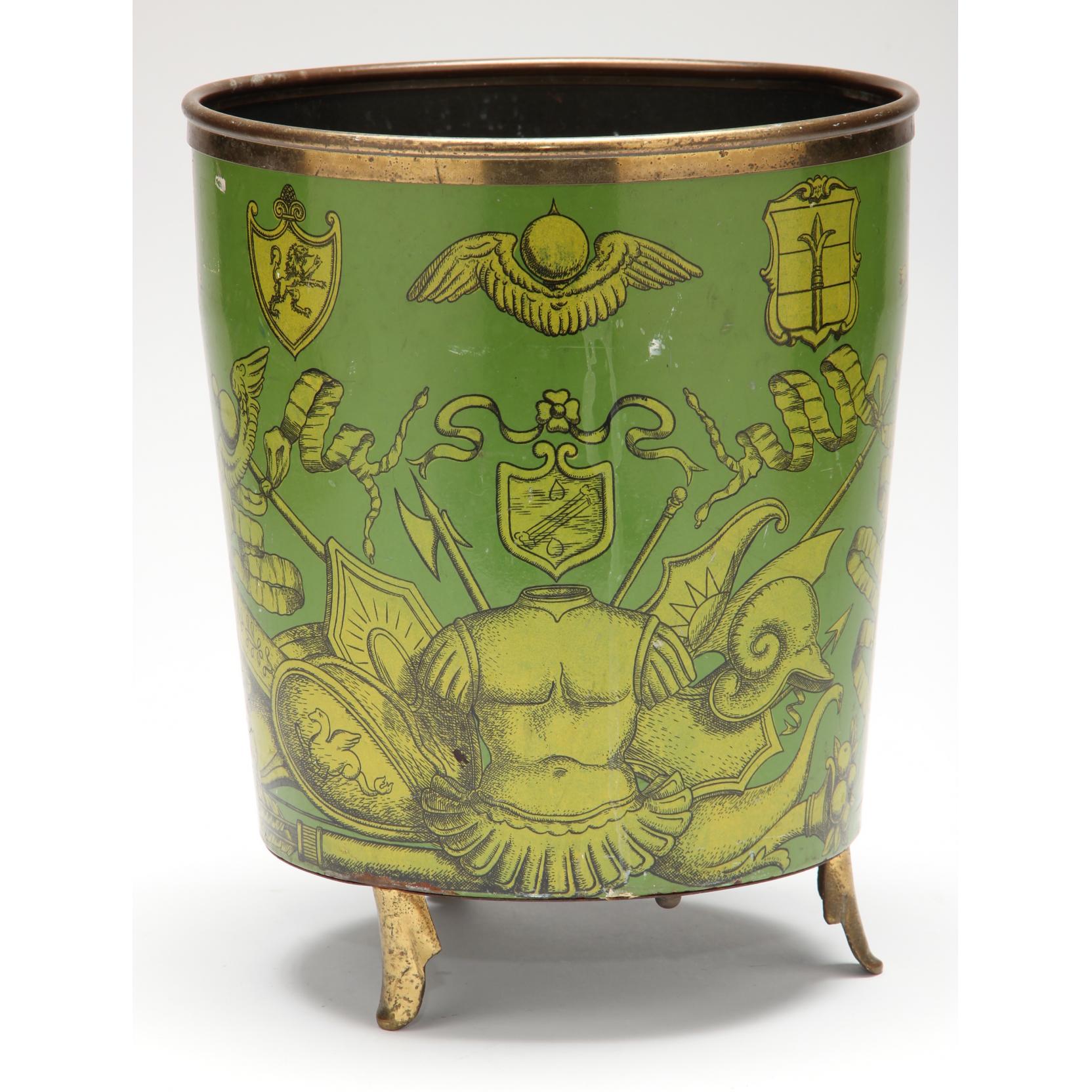 Appraisal: Piero Fornasetti Waste Basket Italy circa transfer decorated metal brass