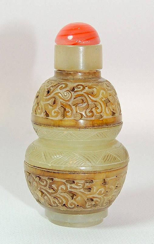 Appraisal: Carved Jade Snuff Bottle Carved jade snuff bottle with loose