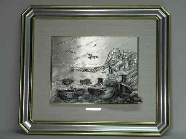 Appraisal: Italian silver framed relief plaque Titled ''Barche Abbandonate'' or ''Abandoned