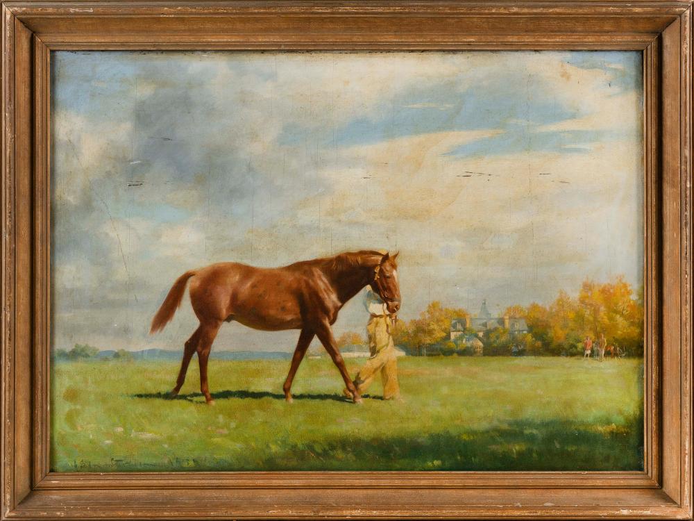 Appraisal: AMERICAN SCHOOL CIRCA A MAN LEADING A HORSE OIL ON