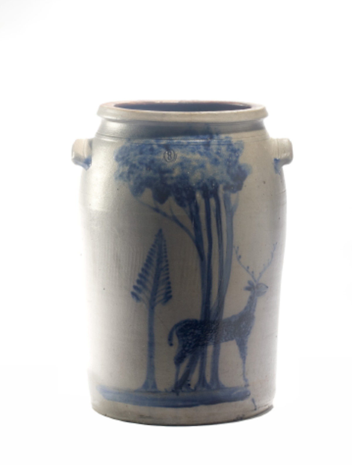 Appraisal: EXCEPTIONAL AMERICAN COBALT BLUE-DECORATED SALTGLAZE STONEWARE EIGHT GALLON JAR CIRCA