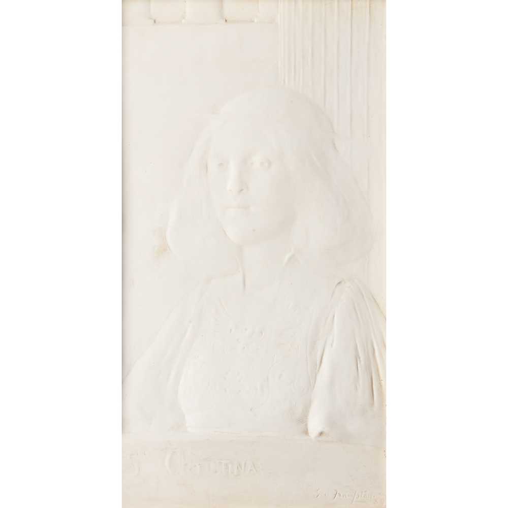 Appraisal: GEORGE FRAMPTON - SAINT CHRISTINA plaster relief panel oak frame