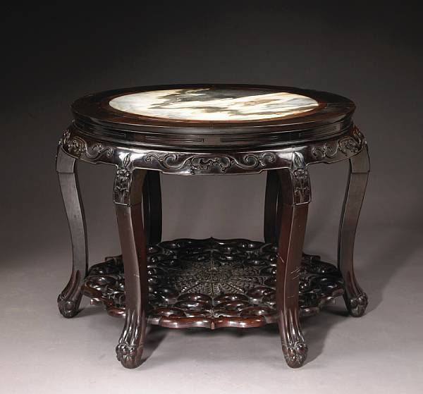 Appraisal: A three-section hongmu and marble circular table Late Qing Dynasty