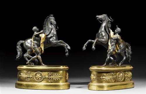 Appraisal: PAIR OF BRONZE FIGURES OF BOY WITH STALLION Empire France