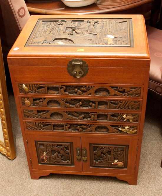 Appraisal: Chinese carved and inlaid bone camphorwood silverware chest Estimate -